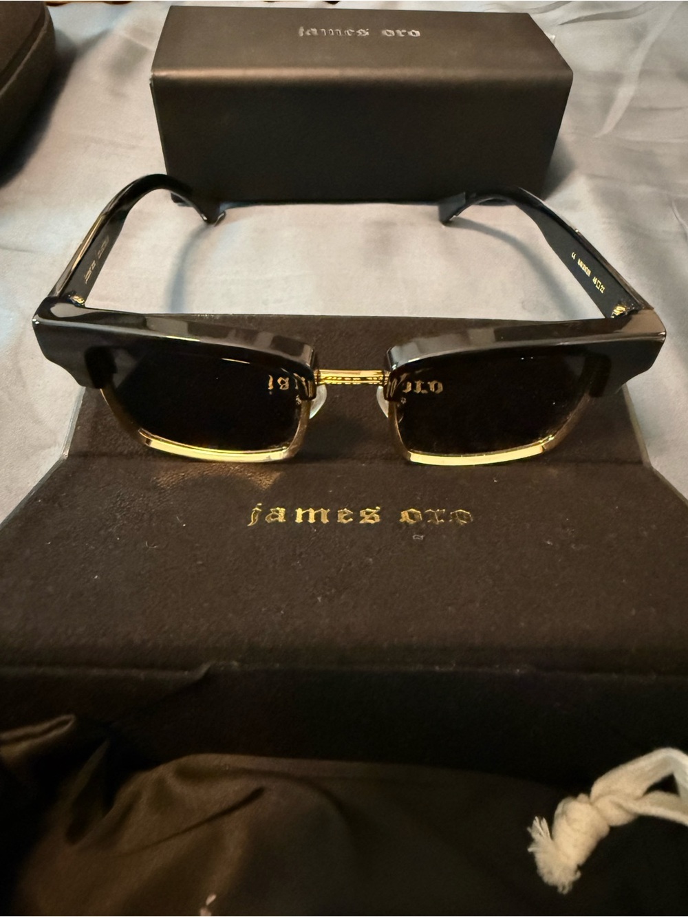James Oro Black and Gold Rectangular Sunglasses